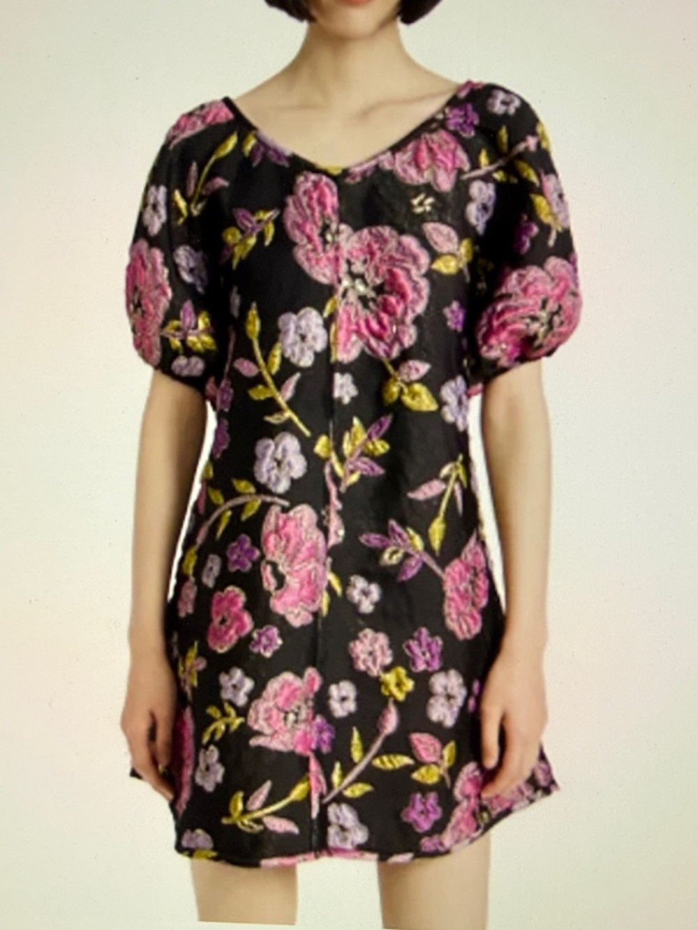 NWT Arianne Elmy Black Mini Dress with Pink, Lilac, Gold Floral Embroidery Small